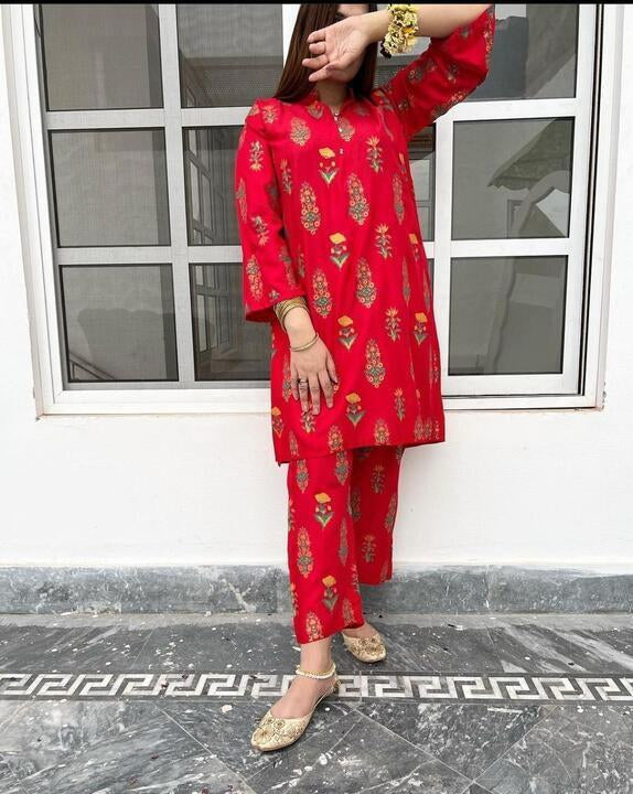 2 Pcs Women's Stitched Linen Block Printed Shirt And Trouser