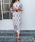 2 Pcs Women's Stitched Linen Block Printed Shirt And Trouser