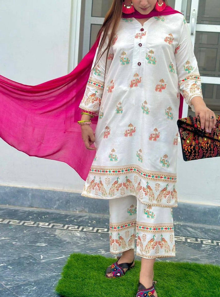 2 Pcs Women's Stitched Linen Printed Suit