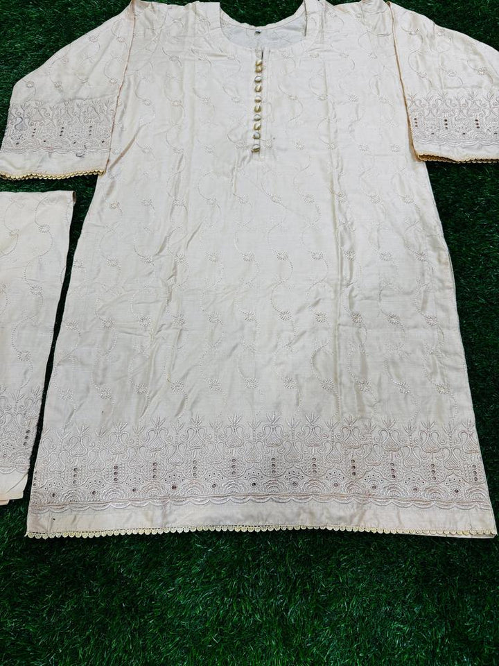 2 Pcs Women's Stitched Linen Chikankari Embroidered Shirt And Trouser