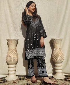 2 Pcs Women's Stitched Linen Printed Shirt 43 And Trouser