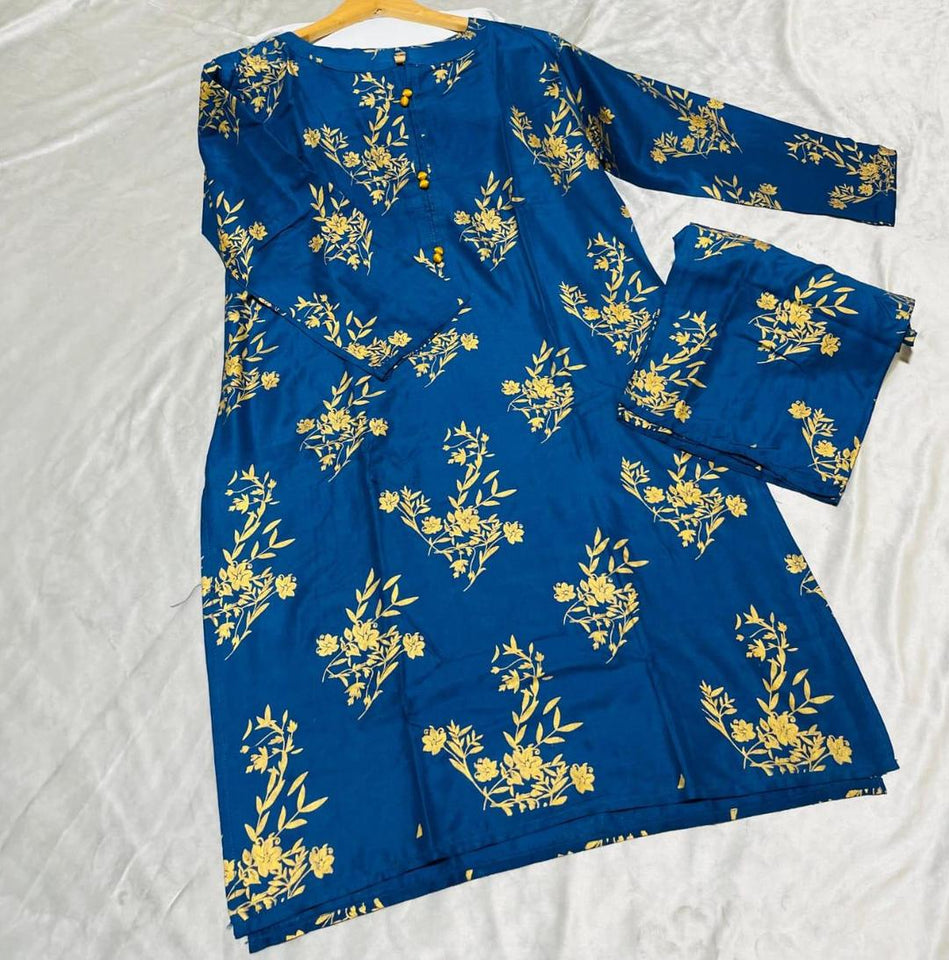 2 Pcs Women's Stitched Linen Printed Shirt And Trouser