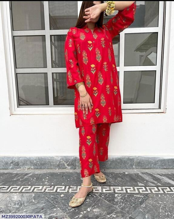 2 Pcs Women's Stitched Linen Block Printed Shirt And Trouser