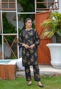 2 Pcs Women's Stitched Linen Block Printed Shirt And Trouser